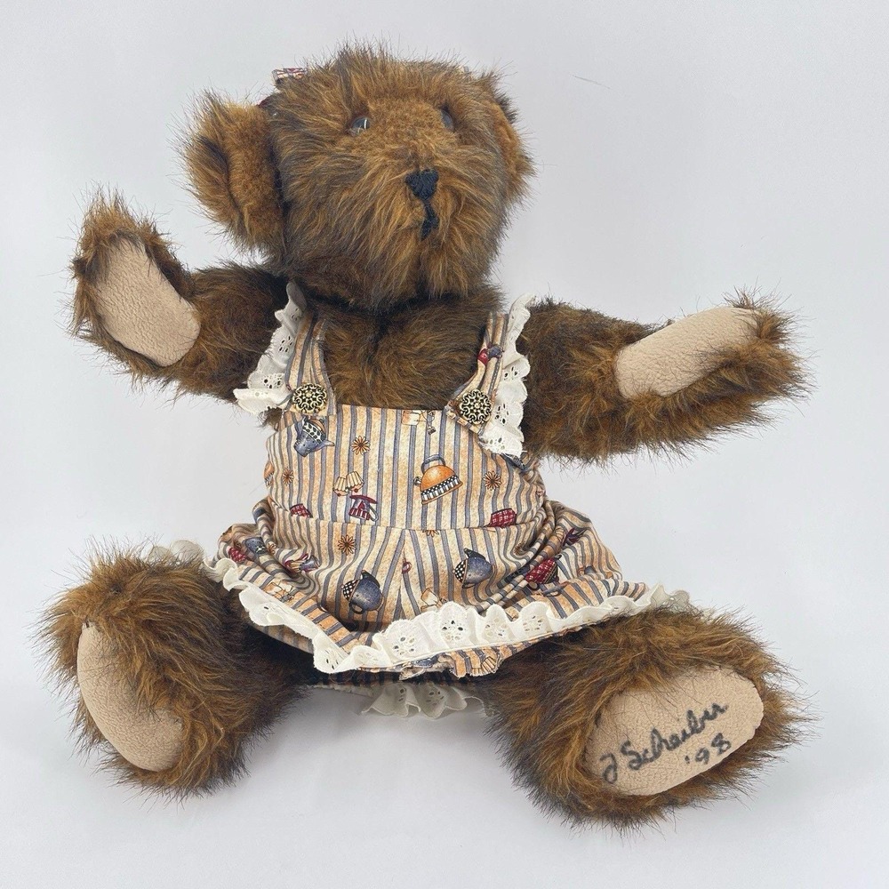 Hand Crafted Artisan Jointed Mohair Stuffed Girl Bear Dress Bow Signed Scheiber